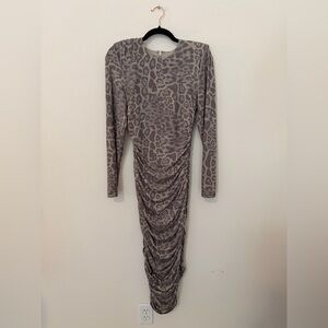 NWT L’Agence Paityn Shirred Dress Sz 8 Grey Multi Patch Leopard Midi